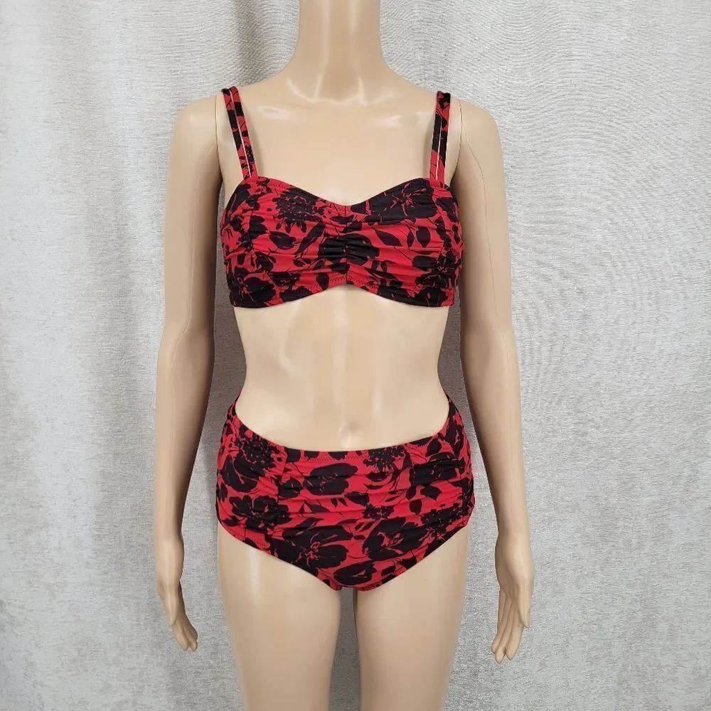 Jantzen Vintage 90s Red and Black Floral Bikini Set Swimsuit Ruched